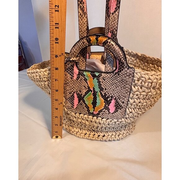 Vince Camuto Lena Straw Tote Bag Faux Snakeskin Duo Handles Boho Chic Beachy - Picture 10 of 12